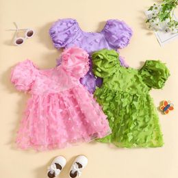 Girl Dresses FOCUSNORM 0-4Y Toddler Kids Girls Princess Dress 3 Colours Short Puff Sleeve 3D Butterfly Decor Lace Tulle