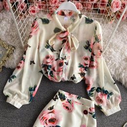 Work Dresses Spring Women Elegant Rose Flower Print Blouse Clothing Suit Long Puff Sleeve Bow Collar Shirts Button Mini Skirt 2 Piece Set