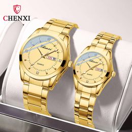 CHENXI New Mens Gold Stainless Steel Ladies Fashion Quartz Wristwatches with Week Calendar Couple Watch Gift