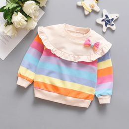 Pullover Girls 'Autumn Sweater Children's Casual Round Neck Rainbow Stripe Top långärmad underlagskläder 231021