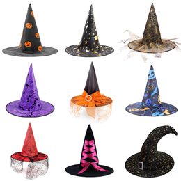 Halloween Hats Are Funny And Cute For Kids And Adults Halloween Hat Witch Party Decoration Curved Corner Mesh Pumpkin Print Wizard Witch Hat Black Pointed Wizard Hat