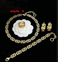 Neutral Style Brass Necklaces Bracelet Greece Meander Pattern 18K Gold Plated Men Letter Hollow Bangle women Earring Rings Sets Lovers Designer Jewellery XMS24 -002