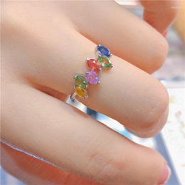 Cluster Rings Style 925 Silver Inlaid Natural Coloured Sapphire Ring Women's Candy Colour Fresh And Lovely