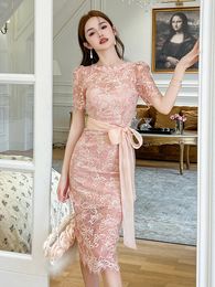 Basic Casual Women Dresses New Sweet Goddess Style Pink Lace Dress Women Sheer Hook Flowers Hollow Bow Lace Up Split Robe Female Sexy Party Vestidos 2024