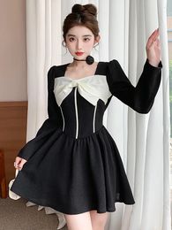 Casual Dresses Fashion Temperament Bowknot For Women Black Long Sleeve High Waist Slim A-Line Evening Party Dress Vestidos