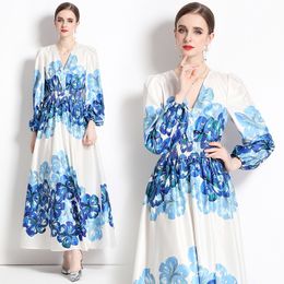 Luxury Designer White Woman Maxi Dress Robes Lantern Sleeve V-Neck Slim High Waist Party Dresses 2023 Autumn Winter Elegant Print Runway Casual Vacation Frocks