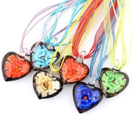 Pendant Necklaces Fashion Wholesale Lots 6pcs Handmade Murano Lampwork Glass Mixed Colour Inside Red Flower Pendants Silk Cords Necklace