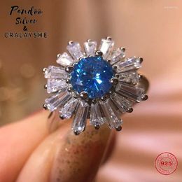 Cluster Rings PANDOO Fashion Charm Pure 925 Silver Original 1:1 Copy Classic Shiny Blue Crystal Sunflower Ring Female Luxury Jewelry Gifts