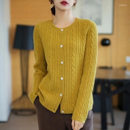 Women's Knits Autumn And Winter Twist Drill Button Pure Wool Knitted Cardigan Round Neck Wear Solid Colour Thin Loose Sweater