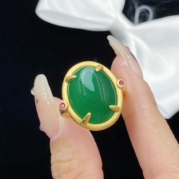 Women fashion Jewellery green jade chalcedony gold plated opening ring adjustable