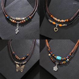 Pendant Necklaces Gothic Vintage Butterfly Love Wood Bead Blue Turquoise Necklace For Women PU Leather Cord Adjustable