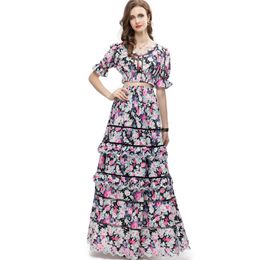 Women's Runway Designer Two Piece Dress O Neck Short Sleeves Printed Elastic Blouse with Tiered Ruffles Skirt Fashion Twinsets Sets