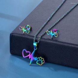 Necklace Earrings Set 10set/lot Stainless Steel Colourful Heartbeat Pendant Chain Stud Earring For Women Fashion Jewellery Gift Wholesale