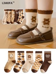 Kids Socks LJMOFA 5 Pairs Winter Autumn Plaid Striped Girls Socks Cute Cartoon Bear Pattern Socks for Kids Baby Retro Skateboard Sock C159 231021