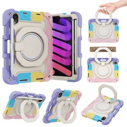 Crossbody Rainbow Silicone Tablet Case for iPad Mini6 360 Rotating Handy 3 in 1 Full Protective Soft Bumper Rugged Armour Kickstand Shell with Pen Slot Shockproof