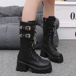 Boots Shoes For Women 2023 High Quality Platform Women's Fashion Belt Buckle Office And Career Round Toe Mid-Calf Boot
