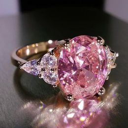 Band Rings Elegant Pink Crystal Cubic Zircon Women Ring Princess Wedding Punk Band Rose Gold Color Female Finger Ring Engagement Party 231021