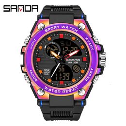Fashion Sanda Top Brand Colourful Led Digital Sport Shockproof Stopwatch Clock Dual Time Luminous Display Men's Hours Gift Watch