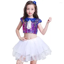 Stage Wear Children Modern Dance Girl Jazz Sequin Hip Hop Costumes Suit For Girls 2pcs S And Skirt
