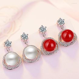 Stud Earrings 2023 Red White Simulated Pearl 925 Silver Needle Crystal Drop Dangle Jewellery For Wemon Wedding Gift