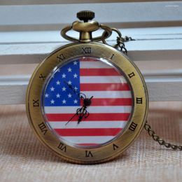 Pocket Watches Fashion Stars And Stripes Bronze American US Flag Quartz Watch Analog Pendant Necklace Mens Womens Gifts