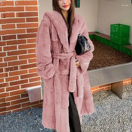 Women's Fur Coat Faux Women Loose Warm Outwear Thick Winter Long With Belt Hooded Casual Mink Jacket Female