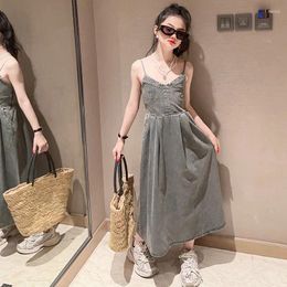 Girl Dresses Summer Girls Denim Slip Dress V-neck Teenage Children Clothes Elegant Long Evening Party Sling Trendy 12 13 14 Year