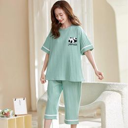 Women's Sleepwear Animal Panda Women Pyjamas Sets Summer Full Pure Cotton Short Sleeve Cropped Trousers Pyjamas Female Home Suit M-5XL