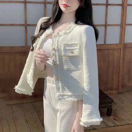 Womens Wool Blends Korean Plaid Tassel Tweed Woollen Coat Women Fashion White Autumn Elegant Jacket O Neck Office Lady Single Breasted Outwear 231021