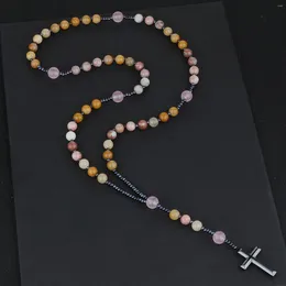 Pendant Necklaces 8mm Rose Quartz Mala Labradorite Natural Yellow Cotton Stone Christ Rosary Hematite Cross Chaplet Jewelry