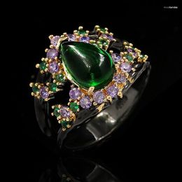 Wedding Rings Original Italian Craftsmanship Handmade Jewelry Water Drop Emerald Ring Micro Inlaid Luxury Purple Zircon Ladies