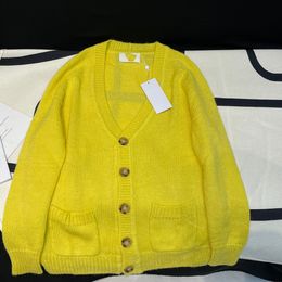 2023 Autumn Yellow Solid Color Cardigan Sweater Long Sleeve V-Neck Knitted Buttons Single-Breasted Sweaters Tops WS3O22