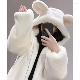 Women's Fur Faux Mink Coat Women Winter Cute Bear Ears Hooded Jacket Thick Warm Pure Color Simplicity Fashion Plush