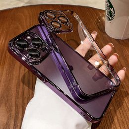 Luxury Titanium Color Glossy Plating Clear Full Camera Lens Glass Protector Soft TPU Cases Transparent Shockproof For iPhone 15 14 13 12 11 Pro Max XR XS 8 7 Plus