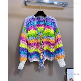Women's Knits Handmade Knitting Needle Colourful Coarse Yarn Tassel Lazy Sweater Coat For Women Thickened V-neck Knitted Cardigan Outerwear