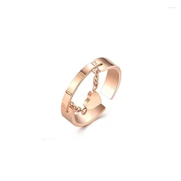 Cluster Rings Love Open Ring For Women Girls Heart Chain Roman Numerals Rose Gold Color Stainless Steel Fashion Fine Jewelry Gift(GR270)