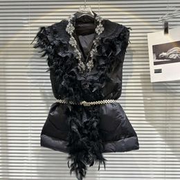 Women's Vests PREPOMP 2023 Autumn Lace Feathers Petal Applique Rhinestone Diamonds Embroidered Beadings Pearls Belt Cotton Vest Women GL967