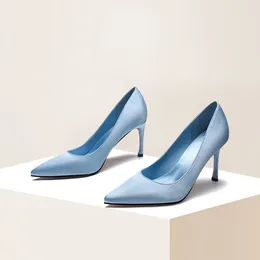 Dress Shoes Young Girl Pure Colour High Heels Women Spring Autumn Sky Blue Satin 8cm Pumps Pointed Toe Slip-on Fashion Daily Wear Work