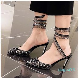 Chandelier Crystal-embellished Ankle-wrap lace point-toe slingback pumps stiletto sandals women Luxury Designers Evening