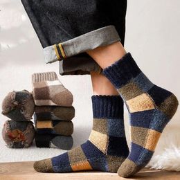 Men's Socks Cute Vintage Thicked Home Plush Towel Wool Middle Tube Lattice Men Hosiery