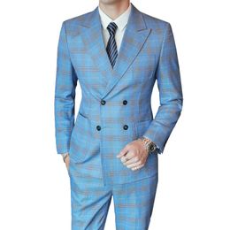 Men's Suits Blazers Light Blue Three Piece Set Men Plaid Slim Double Breasted Suit Coat Pants Vest High End Large Size S-5XL Blazer Jacket Business 231023