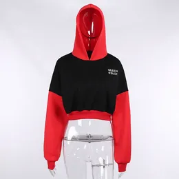 Women's Hoodies Red Y2K Sweatshirt Cropped Women Black Patchwork 2023 Autumn Fashion Hooded Pullover Crop Tops