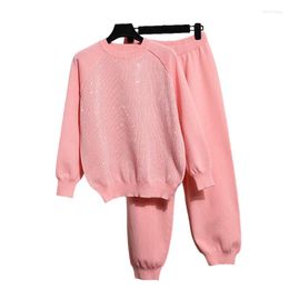 Women's Two Piece Pants Knitted Outfits Women Casual Tracksuits Loose Fashion Pink Diamonds O Neck Pullover Sweater Pencil Set Female