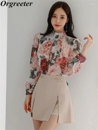 Work Dresses Autumn 2-Piece Sets Long Sleeve Lace-Up Bow Printing Shirt Blouse Split Pencil Mini Skirt Casual Women Suits