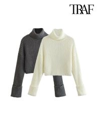 New Women Fashion Cropped Fitted Knit Sweater Vintage High Neck Long Sleeve Female Pullovers Chic Tops