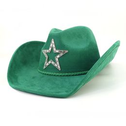 Suede Top Hat Men Women Rhinestone Five-Pointed Star Western Big Brim Cowboy Hat Unisex Wide Brim Outdoor Sun Hat Jazz Felt Cap