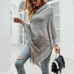 Women's Cape Women's Jackets Autumn Winter Women Sweaters Poncho Knitting Capes Cloak Sweater V-Neck Irregular Hem Tassels Coat Color-block Knitted Pullover 231023