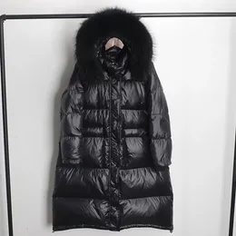 Women's Down Padded Jacket Long Loose Warm Coat Parka Winter 2023 Thicken Over The Knee Cotton Hooded Glossy Fashion Korean