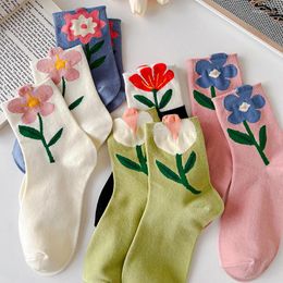 Women Socks 3 Pair Korean Style Cartoon Flower Candy Colour Harajuku Kawaii Mid Tube Breathable Casual Short