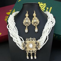 Wedding Jewellery Sets Sunspicems Morocco Bride Jewellery Sets Beads Choker Necklace Long Drop Earring For Women Arabic Woven Artificial Pearl Necklace 231021